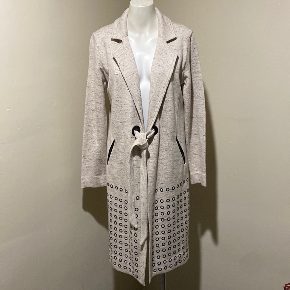 Nic + Zoe Beige Black Tie Front Fleece Sweater Coat w Pockets sz M NWOT